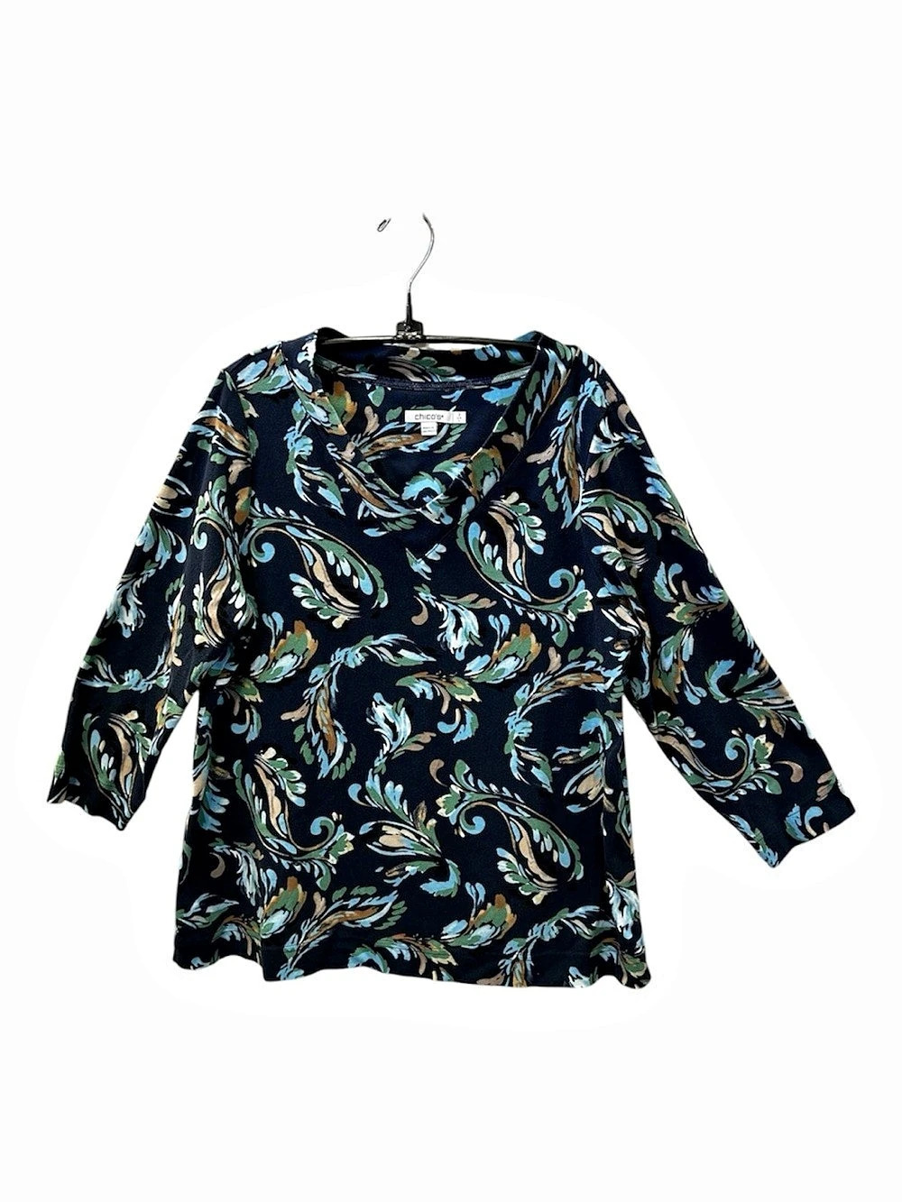 Chico's Paisley 3/4 Sleeve pullover Top in Blue & Green Size Large